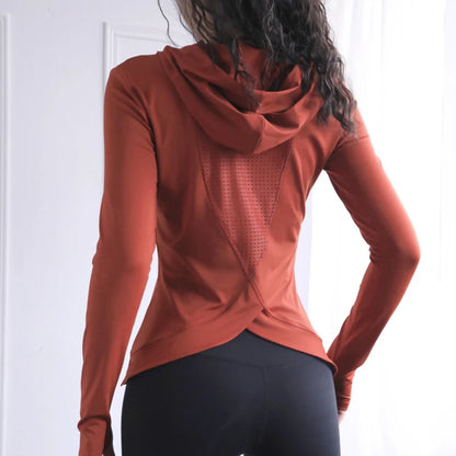 Chemise de Yoga à manches longues pour femmes, avec trou pour le pouce, T-shirt de course, maille respirante, sweat à capuche de Sport, haut de Fitness, chemisier d'entraînement de gymnastique