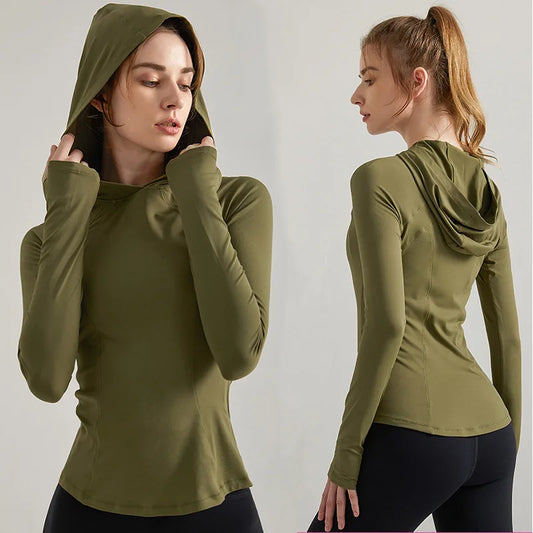 Women Sport Jacket Yoga Coat Clothes Quick Dry Fitness Jacket Running Hoodies Thumb Hole Sportwear Gym Workout Hooded Top New