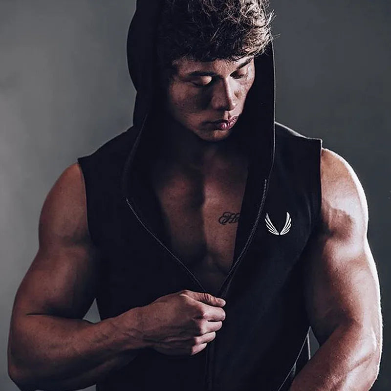 Sweat-shirt à capuche sans manches pour hommes, veste de course, Fitness, fermeture éclair, gilet, vêtements de sport, survêtement de Jogging